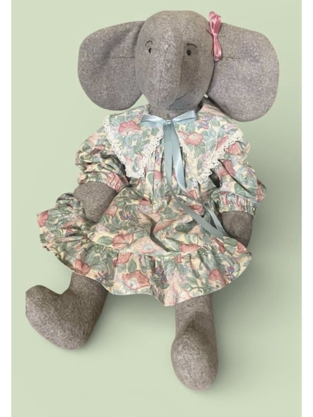 Vintage Gray Stuffed Elephant Doll Handmade 32” Jumbo 1990s Floral Dress EUC